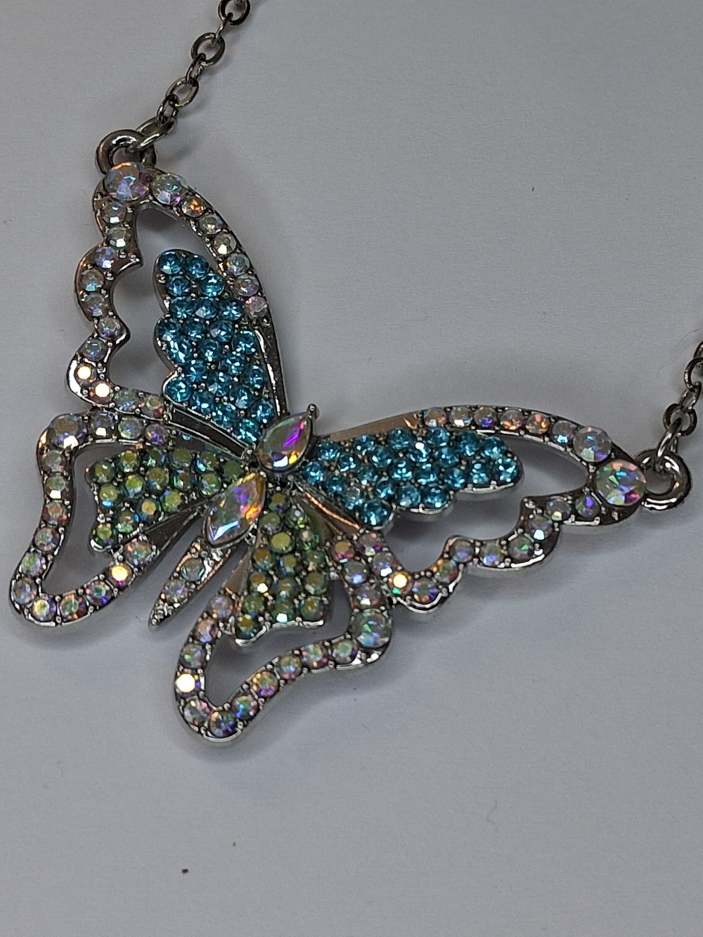 Blie Green And Iridescent Crystal Butterfly Necklace